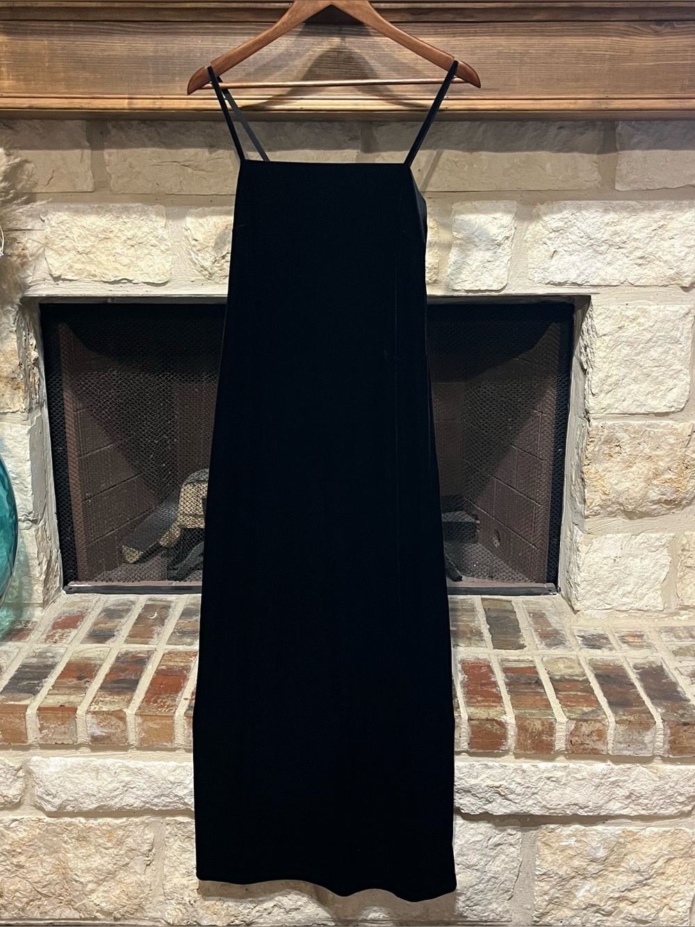 Y2K 90s Whimsigoth Black Velvet Square Neck Spaghetti Strap Column Maxi Dress